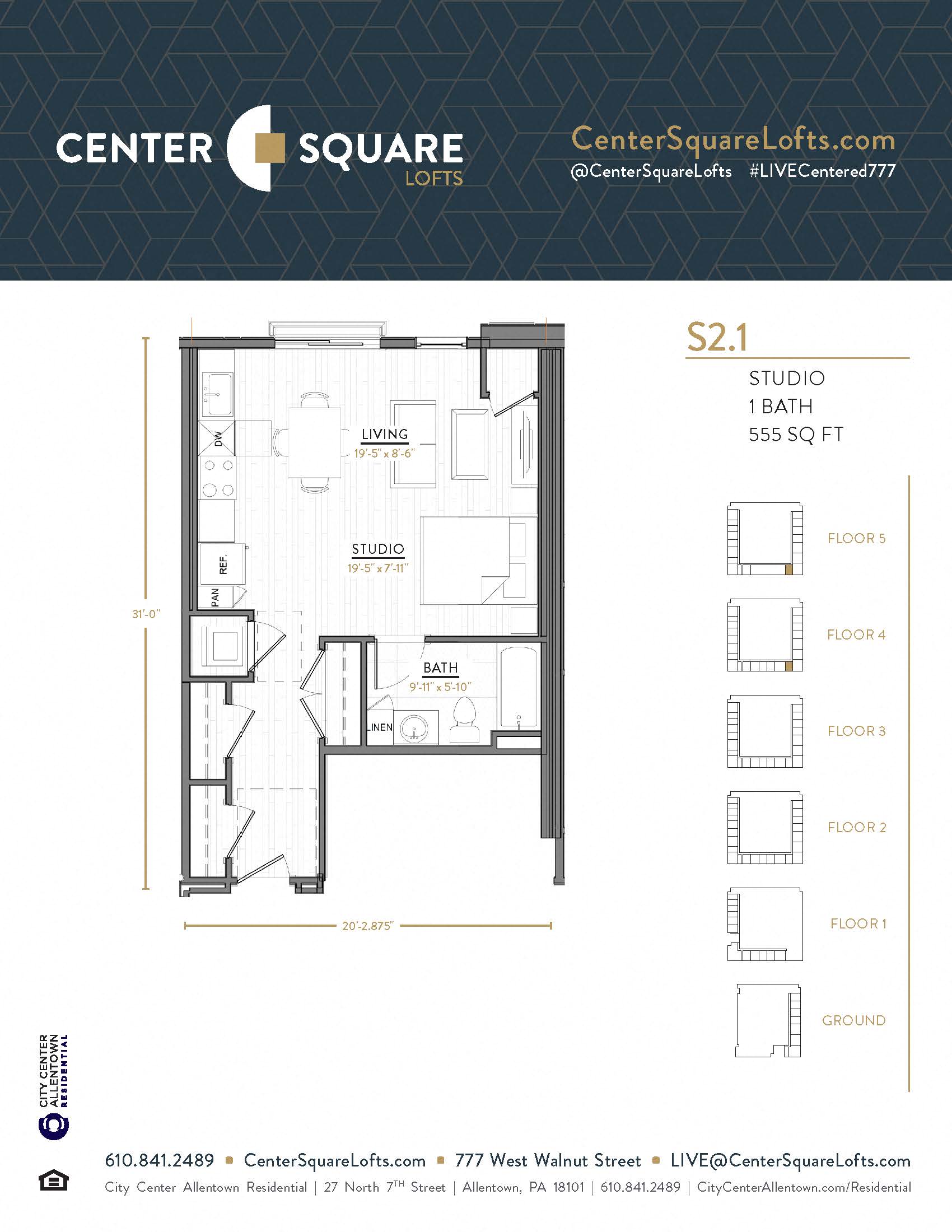 Floor plan for studio, 1 bath, 555 sqft